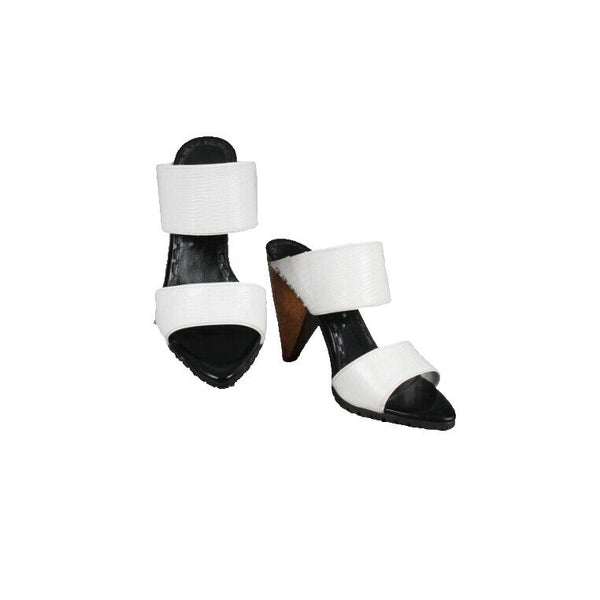 Alice + Olivia Sz 37 White Black Wood Heel Textured Open Toe 4" Heels