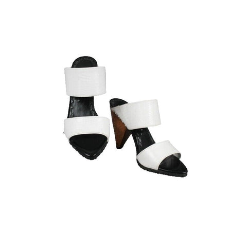 Alice + Olivia Sz 37 White Black Wood Heel Textured Open Toe 4" Heels