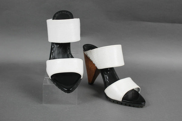 Alice + Olivia Sz 37 White Black Wood Heel Textured Open Toe 4" Heels