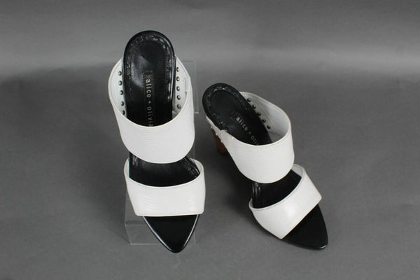 Alice + Olivia Sz 37 White Black Wood Heel Textured Open Toe 4" Heels