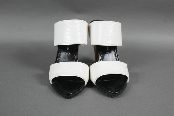 Alice + Olivia Sz 37 White Black Wood Heel Textured Open Toe 4" Heels