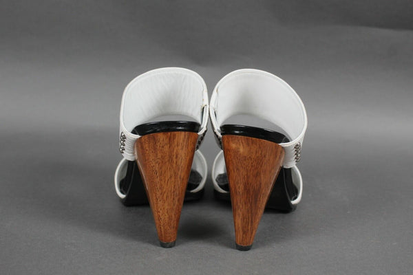 Alice + Olivia Sz 37 White Black Wood Heel Textured Open Toe 4" Heels
