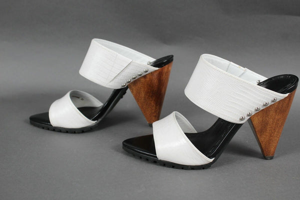 Alice + Olivia Sz 37 White Black Wood Heel Textured Open Toe 4" Heels