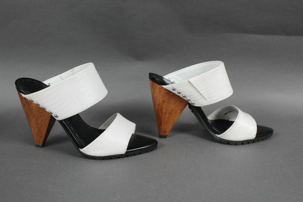 Alice + Olivia Sz 37 White Black Wood Heel Textured Open Toe 4" Heels