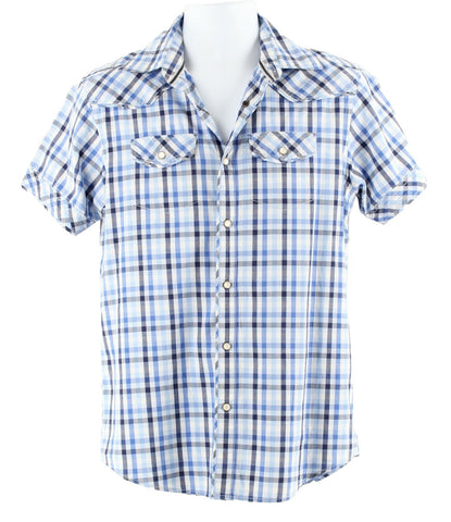 Super Bad Sz S Blue Navy White Plaid Snap Front 100% Cotton Men's Shirt