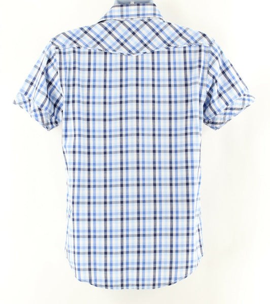 Super Bad Sz S Blue Navy White Plaid Snap Front 100% Cotton Men's Shirt