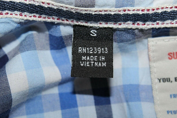 Super Bad Sz S Blue Navy White Plaid Snap Front 100% Cotton Men's Shirt