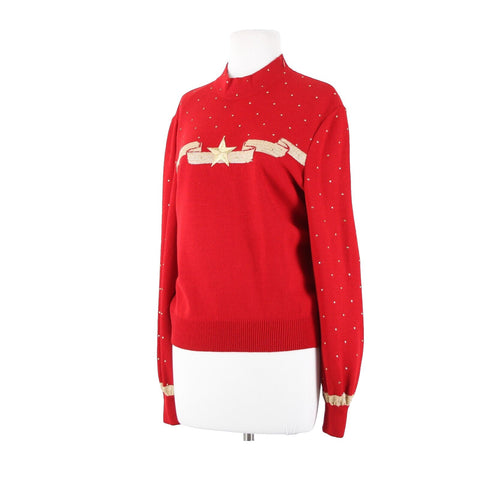 St John Evening Sz S Red Gold Studded Star Santana Knit AS IS Sweater Top