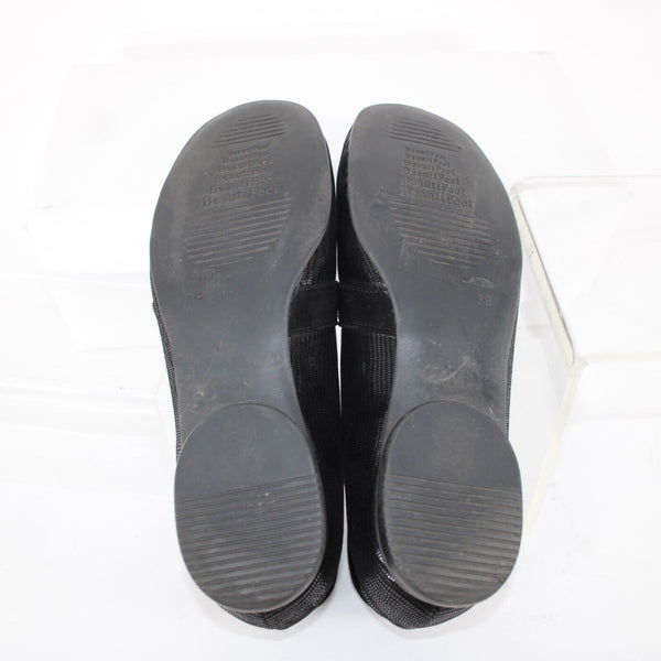 Beauti Feel Sz 38 Black Hook Loop Strap Fabric Upper Leather Inner Latex Flats
