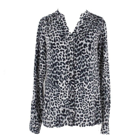Jones New York Sz 6 Navy Blue Multi Animal Button Up 100% Polyester Blouse Top
