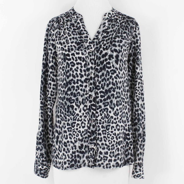 Jones New York Sz 6 Navy Blue Multi Animal Button Up 100% Polyester Blouse Top