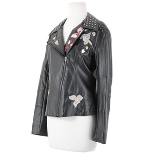 V Christina Sz L Black Silver Studded Floral Pockets Polyurethane AS IS Jacket