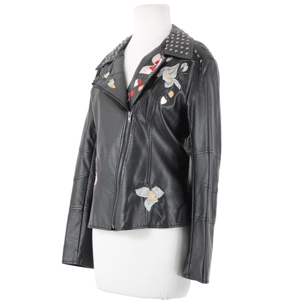 V Christina Sz L Black Silver Studded Floral Pockets Polyurethane AS IS Jacket