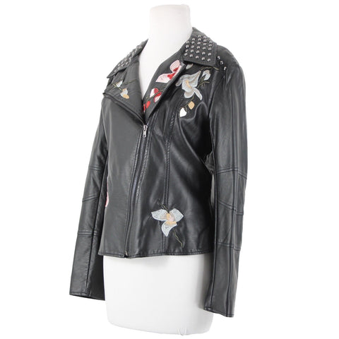 V Christina Sz L Black Silver Studded Floral Pockets Polyurethane AS IS Jacket