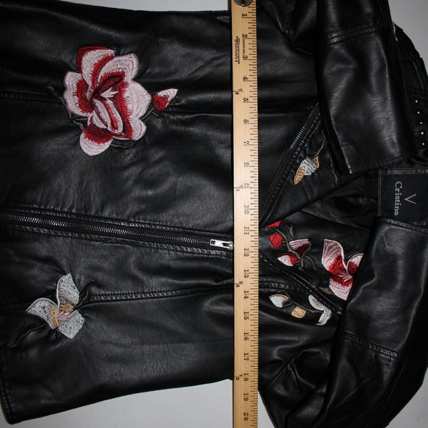 V Christina Sz L Black Silver Studded Floral Pockets Polyurethane AS IS Jacket