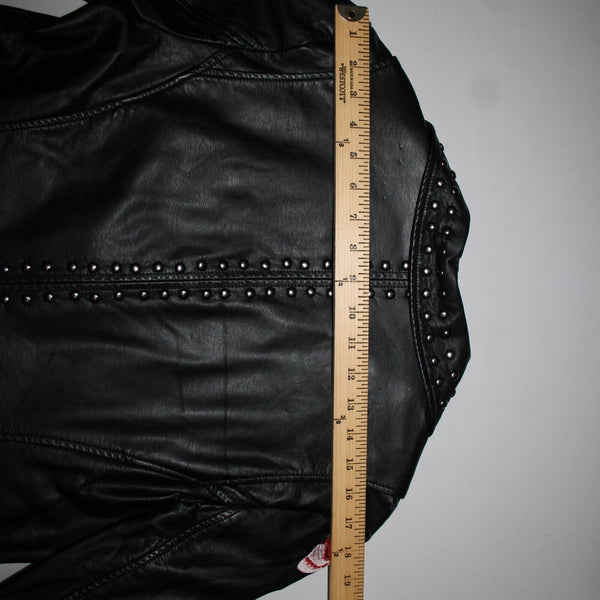 V Christina Sz L Black Silver Studded Floral Pockets Polyurethane AS IS Jacket