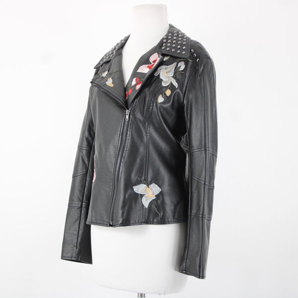V Christina Sz L Black Silver Studded Floral Pockets Polyurethane AS IS Jacket