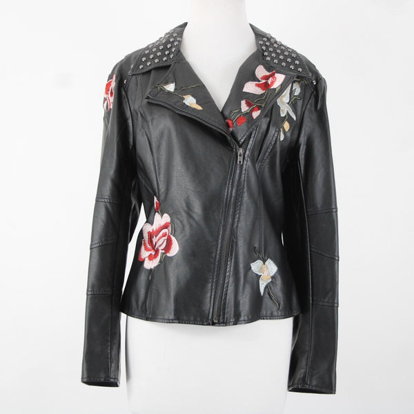 V Christina Sz L Black Silver Studded Floral Pockets Polyurethane AS IS Jacket