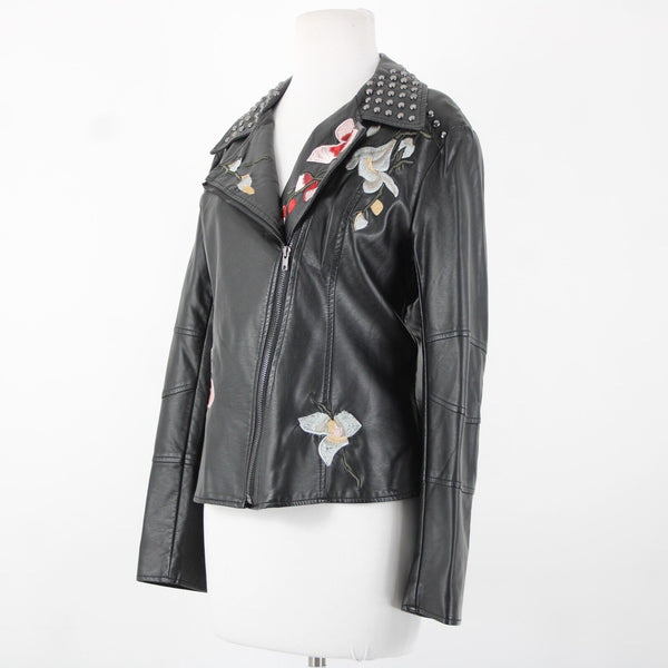V Christina Sz L Black Silver Studded Floral Pockets Polyurethane AS IS Jacket