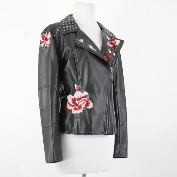 V Christina Sz L Black Silver Studded Floral Pockets Polyurethane AS IS Jacket
