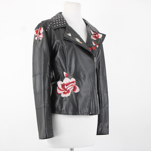 V Christina Sz L Black Silver Studded Floral Pockets Polyurethane AS IS Jacket