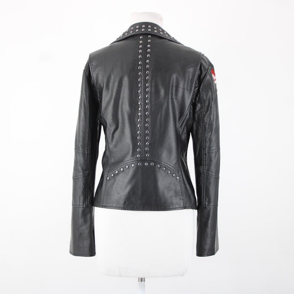 V Christina Sz L Black Silver Studded Floral Pockets Polyurethane AS IS Jacket