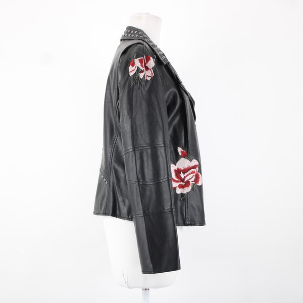 V Christina Sz L Black Silver Studded Floral Pockets Polyurethane AS IS Jacket