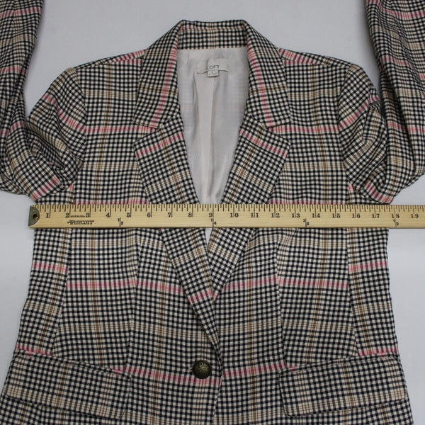 Loft Sz 0 Black White Tan Pink Plaid Polyester Rayon Classic Blazer Jacket