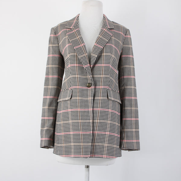 Loft Sz 0 Black White Tan Pink Plaid Polyester Rayon Classic Blazer Jacket