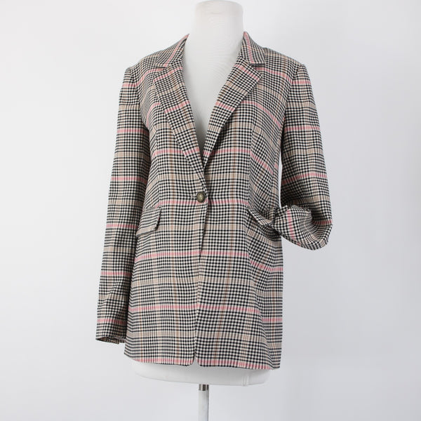 Loft Sz 0 Black White Tan Pink Plaid Polyester Rayon Classic Blazer Jacket