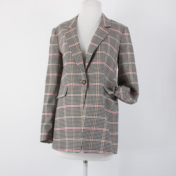 Loft Sz 0 Black White Tan Pink Plaid Polyester Rayon Classic Blazer Jacket
