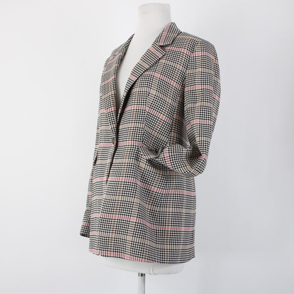 Loft Sz 0 Black White Tan Pink Plaid Polyester Rayon Classic Blazer Jacket