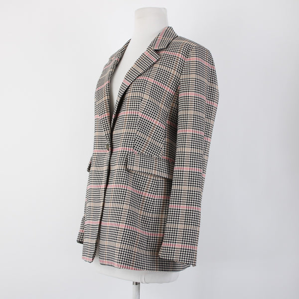 Loft Sz 0 Black White Tan Pink Plaid Polyester Rayon Classic Blazer Jacket
