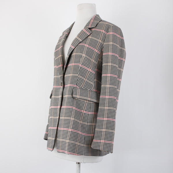 Loft Sz 0 Black White Tan Pink Plaid Polyester Rayon Classic Blazer Jacket