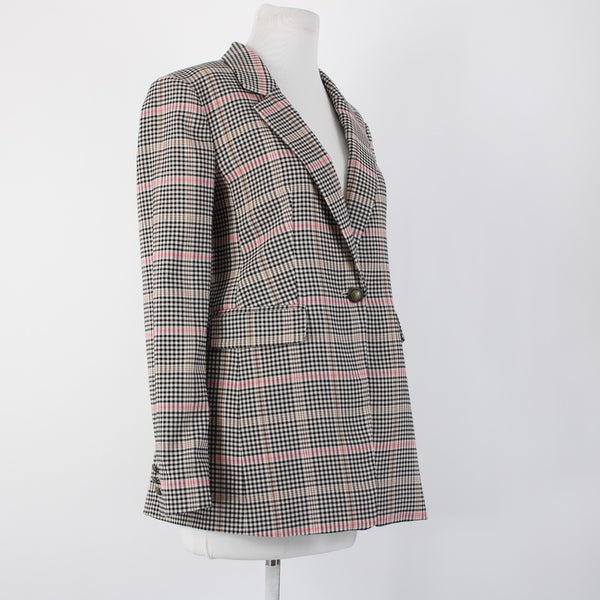 Loft Sz 0 Black White Tan Pink Plaid Polyester Rayon Classic Blazer Jacket