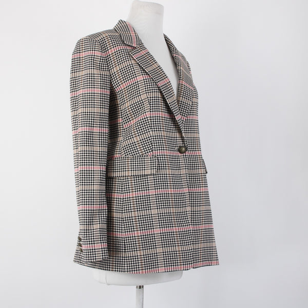 Loft Sz 0 Black White Tan Pink Plaid Polyester Rayon Classic Blazer Jacket