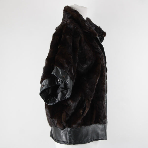 Goldwaters Sz L Black Brown Mink Fur Snap Off Sleeves Button VTG Leather Jacket