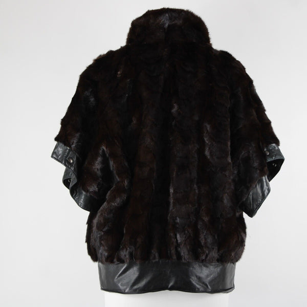 Goldwaters Sz L Black Brown Mink Fur Snap Off Sleeves Button VTG Leather Jacket