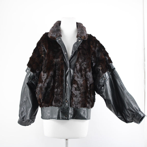 Goldwaters Sz L Black Brown Mink Fur Snap Off Sleeves Button VTG Leather Jacket