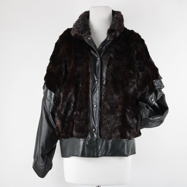 Goldwaters Sz L Black Brown Mink Fur Snap Off Sleeves Button VTG Leather Jacket