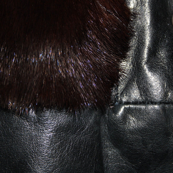 Goldwaters Sz L Black Brown Mink Fur Snap Off Sleeves Button VTG Leather Jacket
