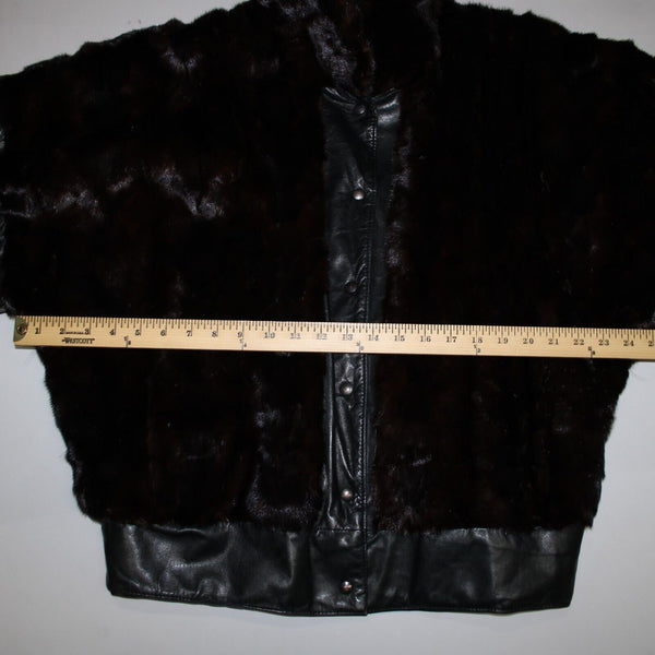 Goldwaters Sz L Black Brown Mink Fur Snap Off Sleeves Button VTG Leather Jacket