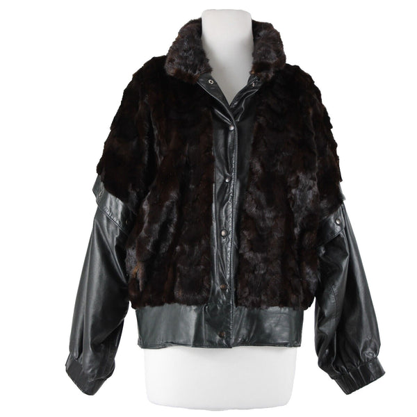 Goldwaters Sz L Black Brown Mink Fur Snap Off Sleeves Button VTG Leather Jacket