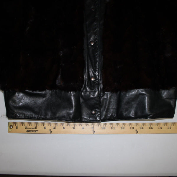 Goldwaters Sz L Black Brown Mink Fur Snap Off Sleeves Button VTG Leather Jacket