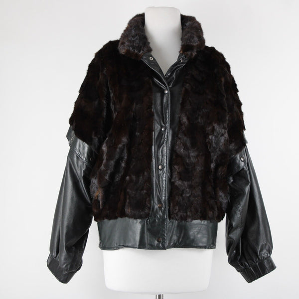 Goldwaters Sz L Black Brown Mink Fur Snap Off Sleeves Button VTG Leather Jacket