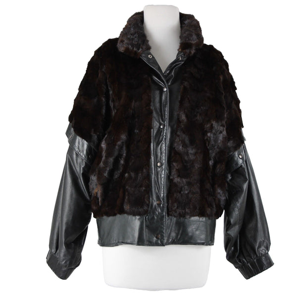 Goldwaters Sz L Black Brown Mink Fur Snap Off Sleeves Button VTG Leather Jacket