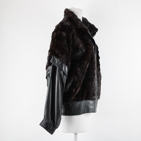 Goldwaters Sz L Black Brown Mink Fur Snap Off Sleeves Button VTG Leather Jacket