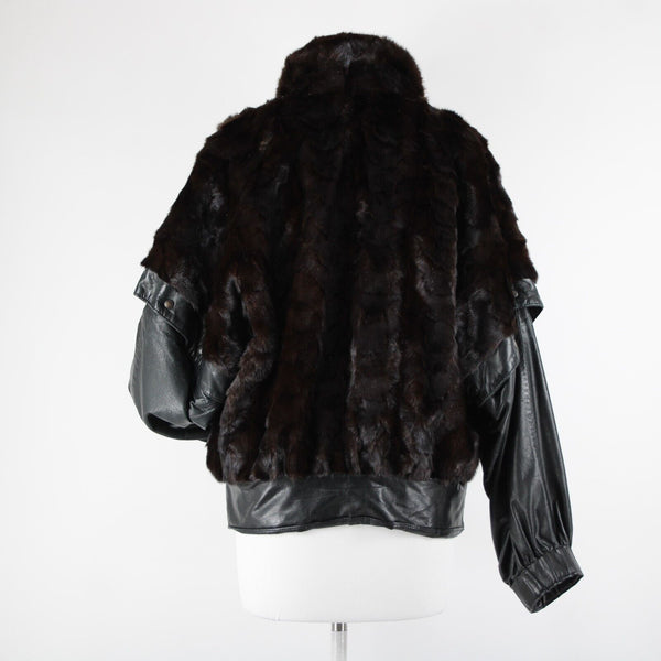 Goldwaters Sz L Black Brown Mink Fur Snap Off Sleeves Button VTG Leather Jacket
