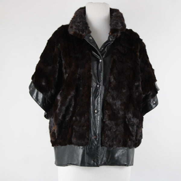 Goldwaters Sz L Black Brown Mink Fur Snap Off Sleeves Button VTG Leather Jacket