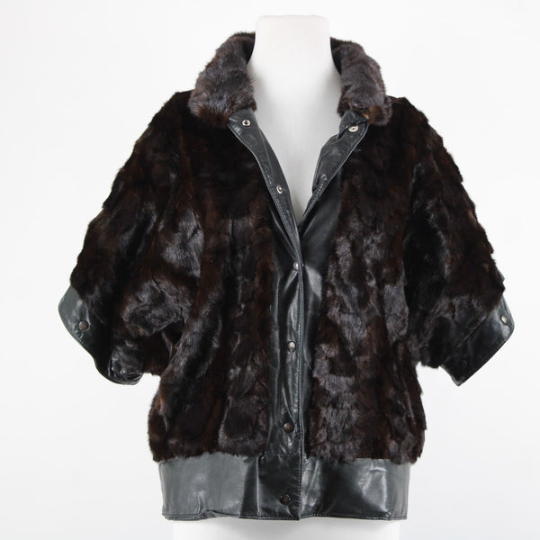 Goldwaters Sz L Black Brown Mink Fur Snap Off Sleeves Button VTG Leather Jacket